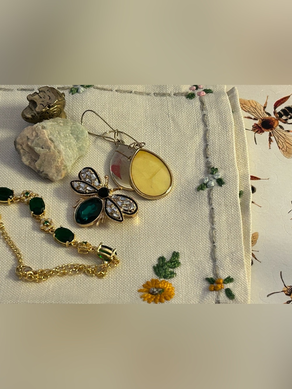 Gold & Green Bee Jewelry Bundle Brooch TearDrop Earrings Bracelet Hankie Sticker
